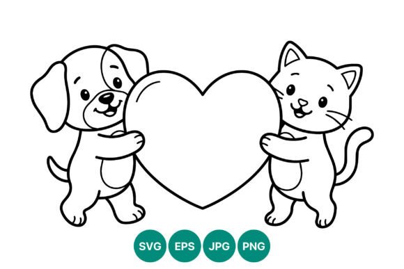Cute Dog and Cat Heart Line Art