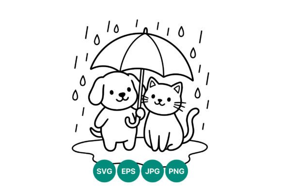 Cute Dog and Cat Under Umbrella Line Art