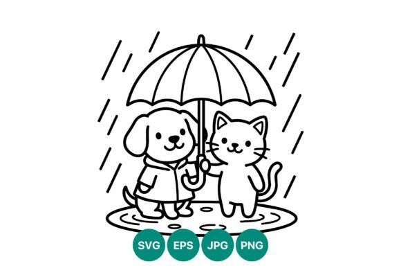Cute Dog and Cat Under Umbrella Vector