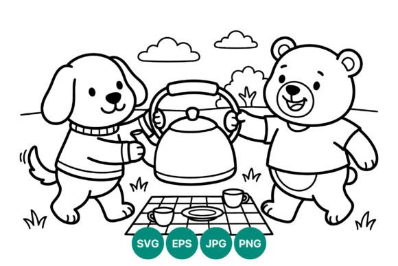 Dog and Bear Holding Kettle Picnic