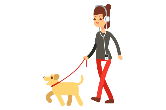 Dog Walking with Pet Owner. Cartoon Fema