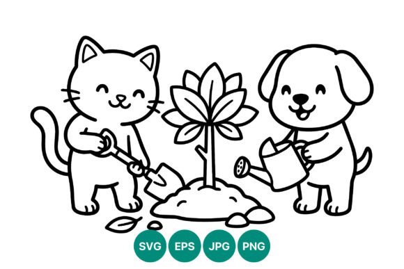 Happy Cat and Dog Planting Vector
