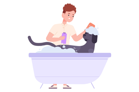 Kid Washing Dog in Bath. Pet Owner Care
